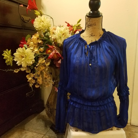 Spiegel Tops - Spiegel Pretty Sheer Blue Long Sleeve Blouse